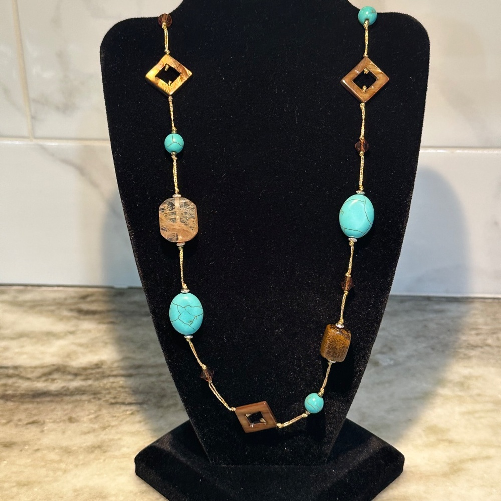 Premier Promenade NECKLACE Turquoise Shell Tigers Eye 30" + 3" NEVER WORN